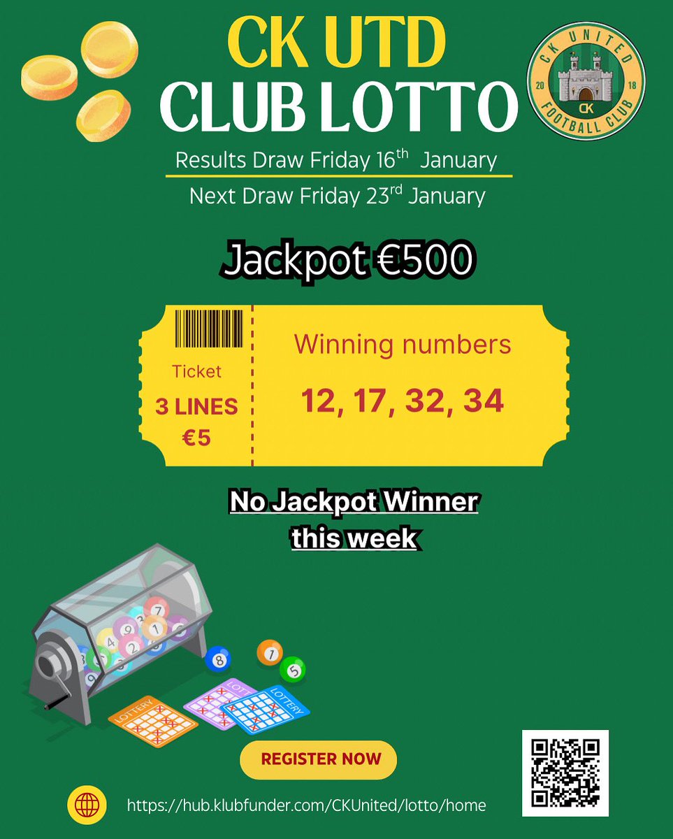 ckutdfc's tweet image. CK United Lotto Results 16th January 💰🔰

No Jackpot winner this week, you can still sign up with the link in the post/bio or scanning the QR Code ⚽️

Our Club Lotto will be a big fundraiser in our development of our club over the next while, let’s get signed up and help us out