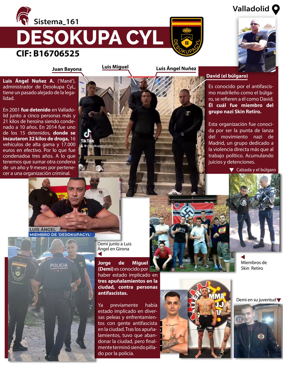 <a href="/AzTaldea/">AZET Etxebizitza Sindikatua</a> <a href="/Zorrotza/">Zorrotza Info</a> <a href="/Zorrotzatb/">Zorrotza Telebista</a> <a href="/ehessarea/">Euskal Herriko Etxebizitza Sindikatuen Sarea</a> <a href="/batuelkar/">Batu Elkarlaguntza Sarea</a> <a href="/haritu_sarea/">hARITU Elkarlaguntza Sarea / Red de Apoyo Mutuo</a> <a href="/AuzoanBizi/">Auzoan Bizi Etxebizitza Sindikatua</a> <a href="/SaretxeG/">Saretxe / Groseko Etxebizitza Sindikatua</a> <a href="/GDKOetxesindi/">Galdakaoko Etxebizitza Sindikatua</a> <a href="/asetubiltegia/">ASETU Herri Biltegia</a> Esta vez hablamos de Desokupa CyL. Luis Ángel Nuñez su propietario tiene condenas por trafico de heroína, cocaína y por pertenencia a organización criminal.
Demi uno de sus empleados es un nazi condenado por varios apuntalamientos.