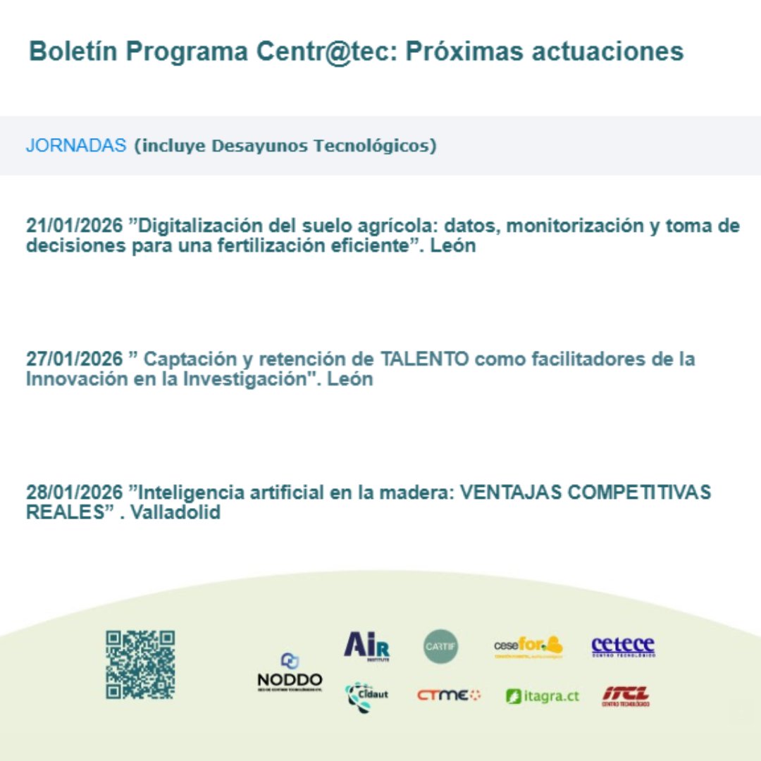 Boletín Programa Centr@tec: Próximas actuaciones: JORNADAS (incluye Desayunos Tecnológicos).

➡ empresas.jcyl.es/web/es/idi/pro…

#MontañasDelTeleno #MujerRural #Teleno #DesarrolloRural #Cultura #Formación