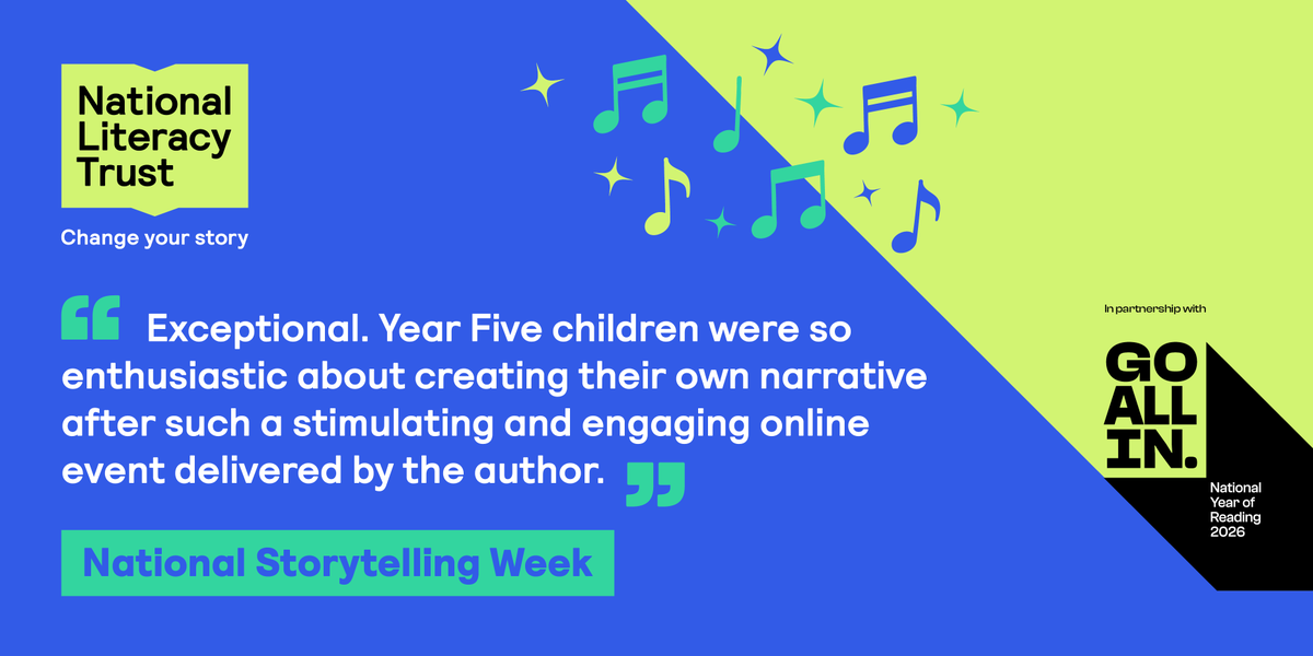 Literacy_Trust's tweet photo. National Storytelling Week is here to spark a love for stories and to create meaningful writing opportunities for pupils.

Join us 2-8 February for a week of free author events and resources themed around music and storytelling:
https://t.co/9PnaQRLC6R https://t.co/H01RdBSyMd