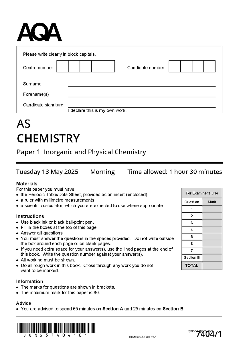 AStephensadriel's tweet photo. https://t.co/V8i2j4EQSH
2025 AQA As Level Chemistry Paper 17404 1
#2025aqaas #aqaaslevel #ASLevelChemistry #chemistry #chemistrypaper1 #74041 #chemistry2025 #hackedexams https://t.co/sJpMyeV9DR