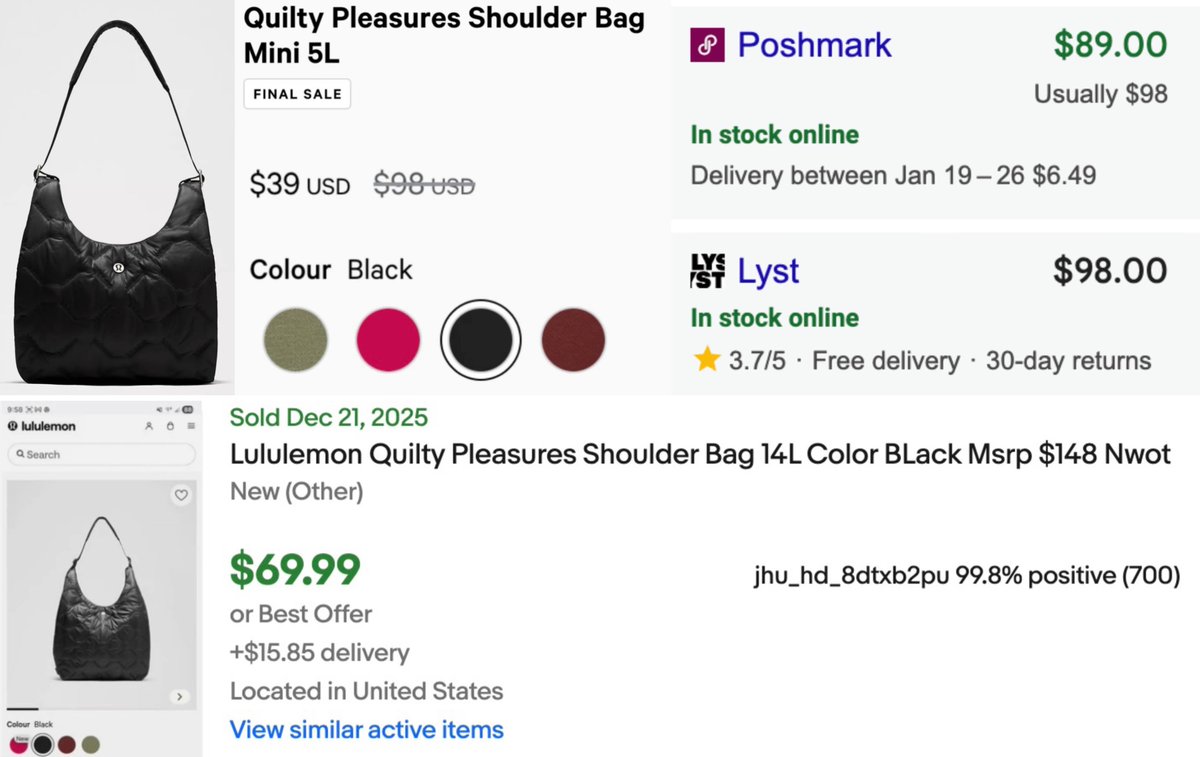 $39 LULULEMON QUILTED SHOULDER BAG This $98 shoulder bag is ringing up for  $59 off at Lululemon Listed for $89+ at other stores, selling for $70+ on  eBay Many colors available, free