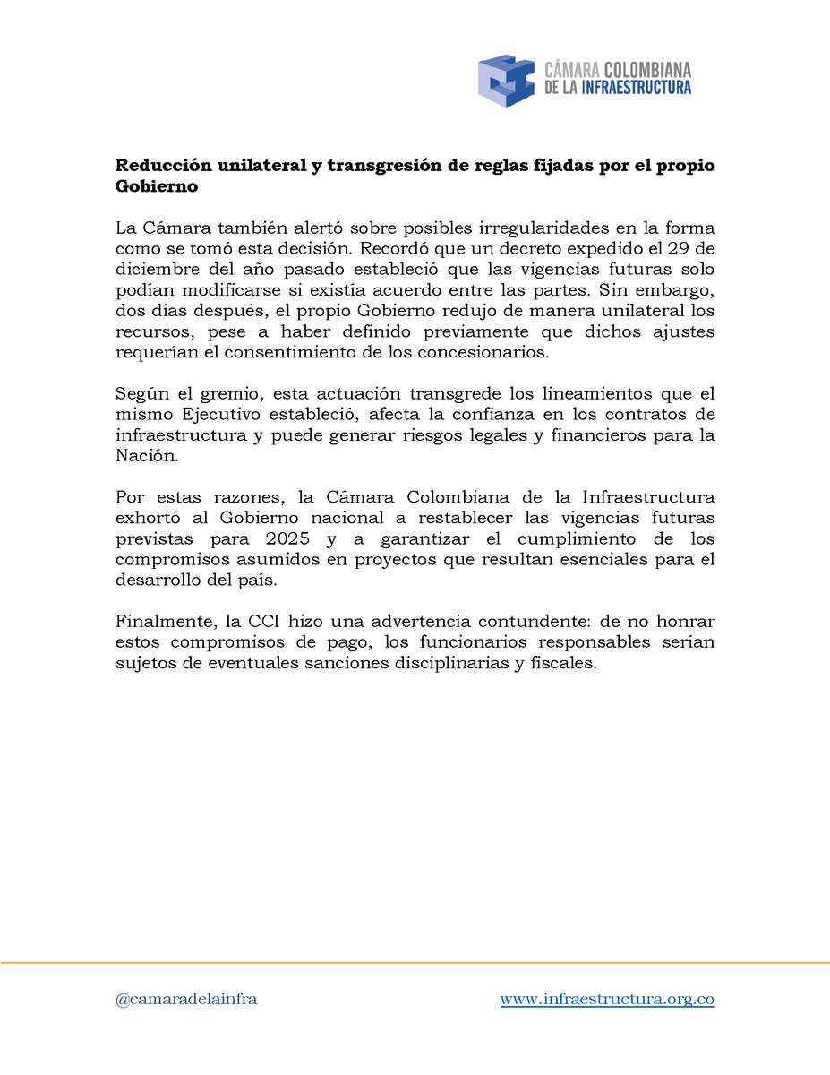 En una comunicación enviada a los ministros de <a href="/MinHacienda/">MinHacienda</a> y <a href="/MinTransporteCo/">MinTransporte</a>, al presidente de la <a href="/ANI_Colombia/">Agencia Nacional de Infraestructura</a> y a la directora del <a href="/DNP_Colombia/">dnp_colombia</a>, la CCI expresó su profunda preocupación por la reducción de los recursos asignados a dos proyectos estratégicos para el desarrollo