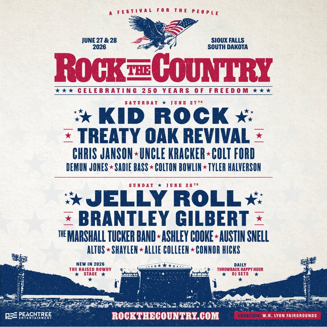 Presale starts NOW until 2pm today! Use code SIOUXFALLSRTC here: …untry-siouxfalls.frontgatetickets.com
Kid Rock, Jelly Roll, Treaty Oak Revival, Brantley Gilbert  &amp; more!🤘
Rock the Country | W.H. Lyon Fairgrounds
June 27 &amp; 28