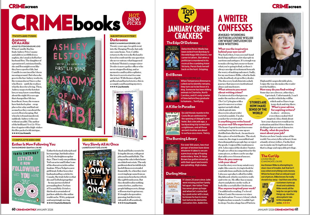 pussmilligan's tweet photo. The Jan issue of @CrimeMonthly is out now and I've got brilliant books from @ashley_elston Rebecca Hannigan @tanyasweeney Lauren Schott @VaseemKhanUK @KathyReichs @TomHindle3 @GillyMacmillan Romy Hausmann &amp; @louisewelsh00. And find even MORE fab picks at https://t.co/ZgXGaBuwkQ https://t.co/IO7QfdUrDk