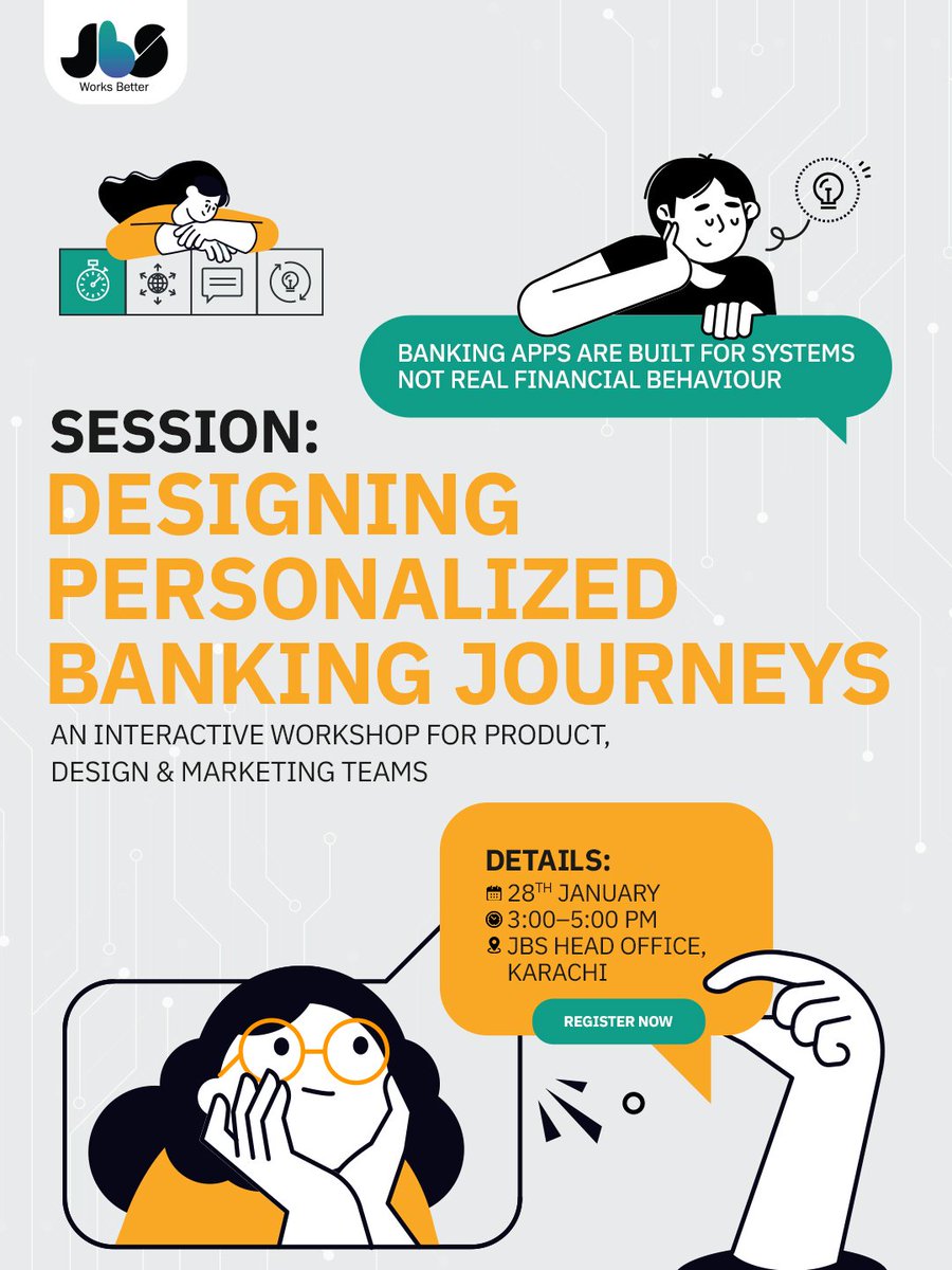 👉 Register now: forms.office.com/r/dNr3jtnXML and be part of the conversation shaping the future of digital banking! 

Date: 28th January | Time: 3:00 PM – 5:00 PM | Location: JBS Head Office, Karachi
 
#JBS #HarnessingInnovation #EmpoweringGenerations #Workshop