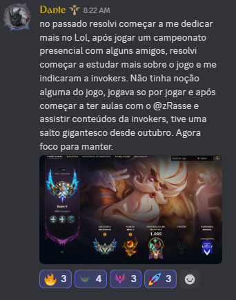 ✍️ Mestre -> Challenger 
4 sessões de Coach

Expliquei muitos detalhes sobre lane phase, adaptei o mid game dele pra ser mais sólido e ensinei tricks de visão/posicionamento. O resto é história.

Gratidão por ter confiado no meu trabalho <a href="/Dantelolsup/">Dante</a> 🙏