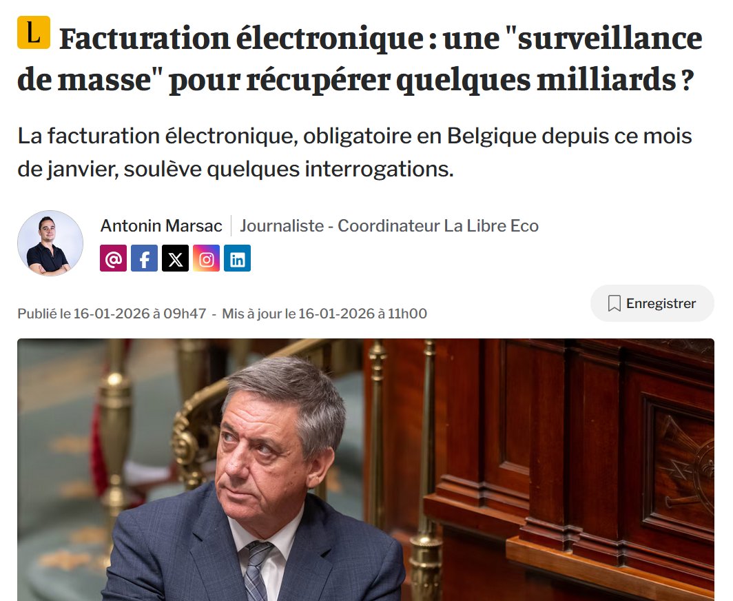Surveillance de masse via la facturation électronique, un monopole concédé au réseau du lobby Peppol. 

Extraits : "Tout cela dissimule un mécanisme de surveillance de masse, avec une fausse légitimité fiscale. Ce qu'on met en place, c'est du contrôle continu des transactions.