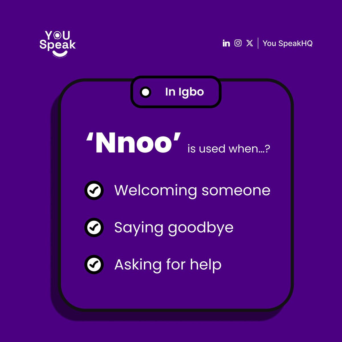YouSpeakHQ's tweet photo. In Igbo, ‘Nnoo’ is used when…?
A. Welcoming someone
B. Saying goodbye
C. Asking for help

#youspeak
#languagelearning
#communication https://t.co/TXc4a7nd8u