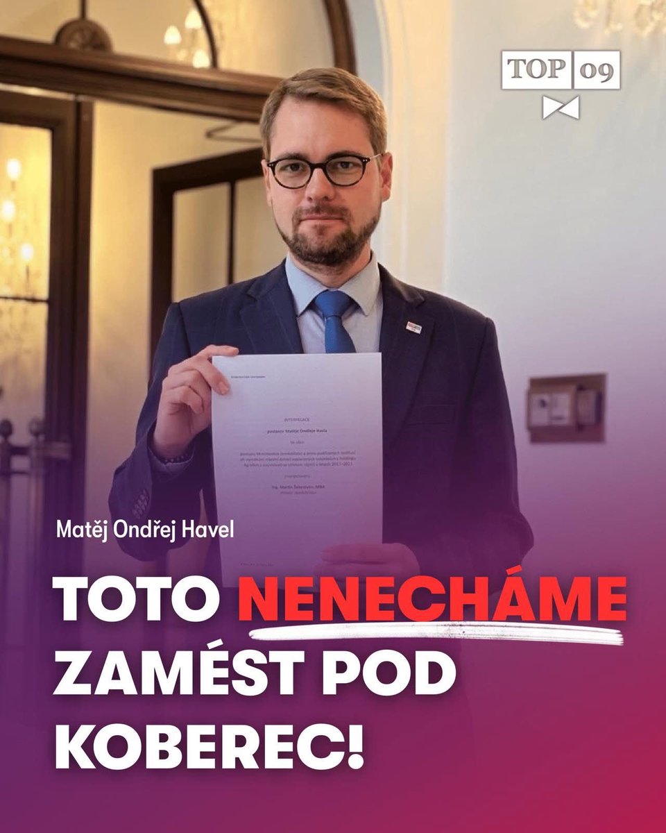 TOP09cz's tweet image. Ministr Agrofertu odmítá vymáhat miliady, které jeho holding neoprávněně načerpal. ❌

Jde o VAŠE peníze. Peníze daňových poplatníků.
Náš předseda Matěj Ondřej Havel proto podává interpelaci a tlačí ministra pro Agrofert Šebestyána do odpovědí. Tohle nenecháme zamést pod koberec!