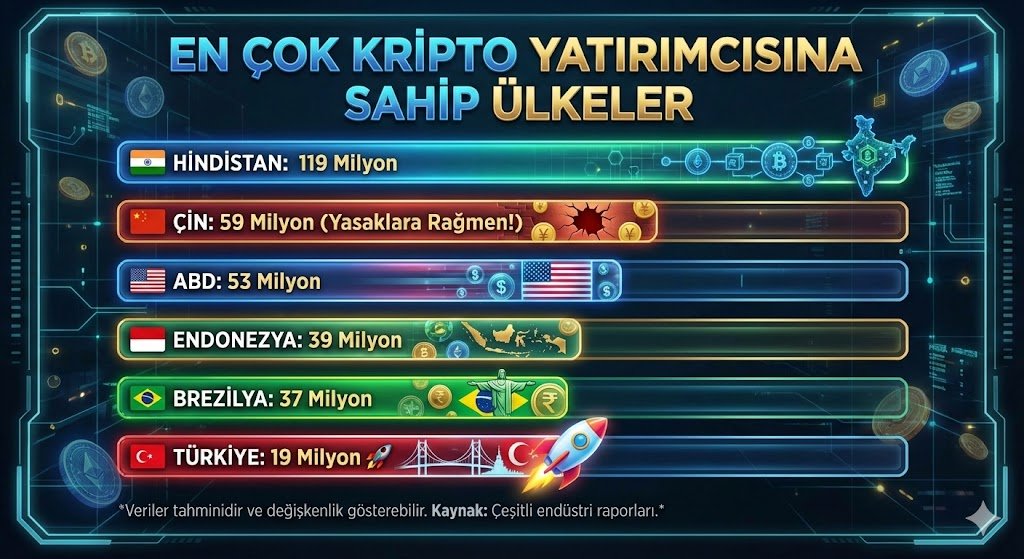 Dünya'da en çok kripto yatırımı yapılan ülkeler ! 

Nüfus gücüyle Asya pazarı domine ederken, Türkiye nüfusa oranla dünyanın en büyük oyuncularından biri olmaya devam ediyor.

🚨 Çin'deki yasaklara rağmen 59 Milyon kullanıcı olması ise piyasanın durdurulamaz olduğunun kanıtı.