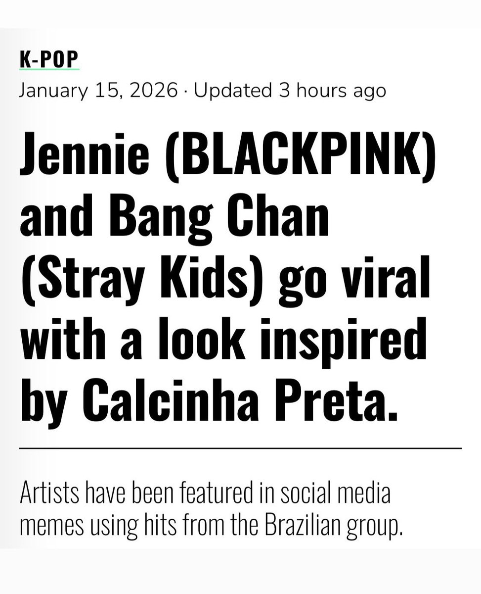 npomvtt's tweet image. e não deu outra, foi parar na Billboard.

*Tradução: Jennie (BLACKPINK) e Bang Chan (Stray Kids) viralizam com looks inspirados no Calcinha Preta.