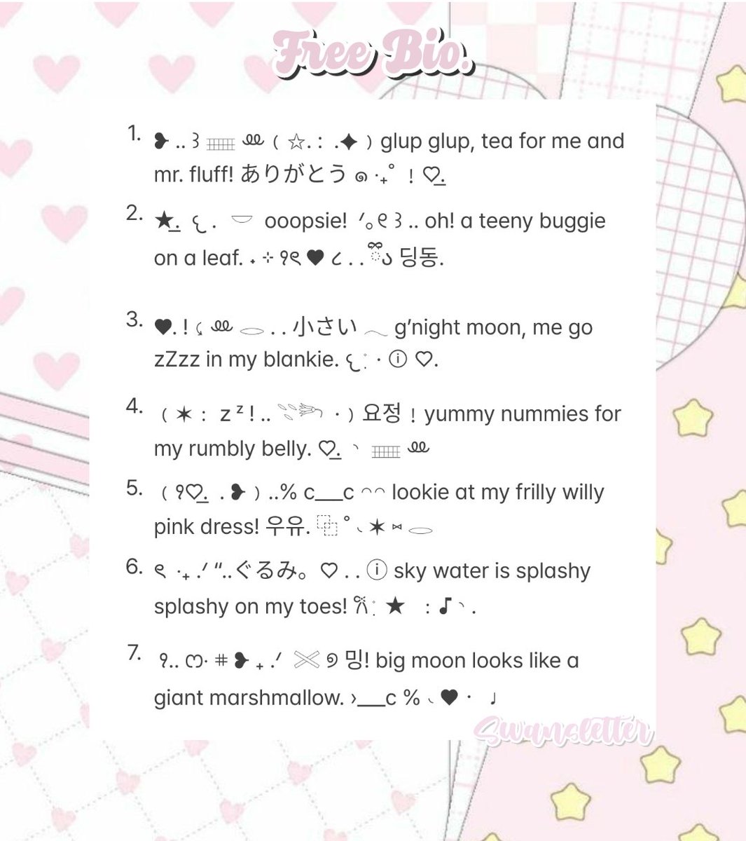 swansletter's tweet image. 𐙚 .﹒⊹ ๑ ★‌. 딩동~﹙あおい...♡‌!﹚˖˚⊹ ꣑ৎ

yimlOo! ivy bawa 7 FREE BIO nyang udah dijajanin sama kakak @xarbie pembaik nyimucc. &amp;gt;___&amp;lt; 💗 tinggal reply saja iaaa bio yang kalian mauu! untuk rules lainnya cek alt yaps. ♡

t. zonauang