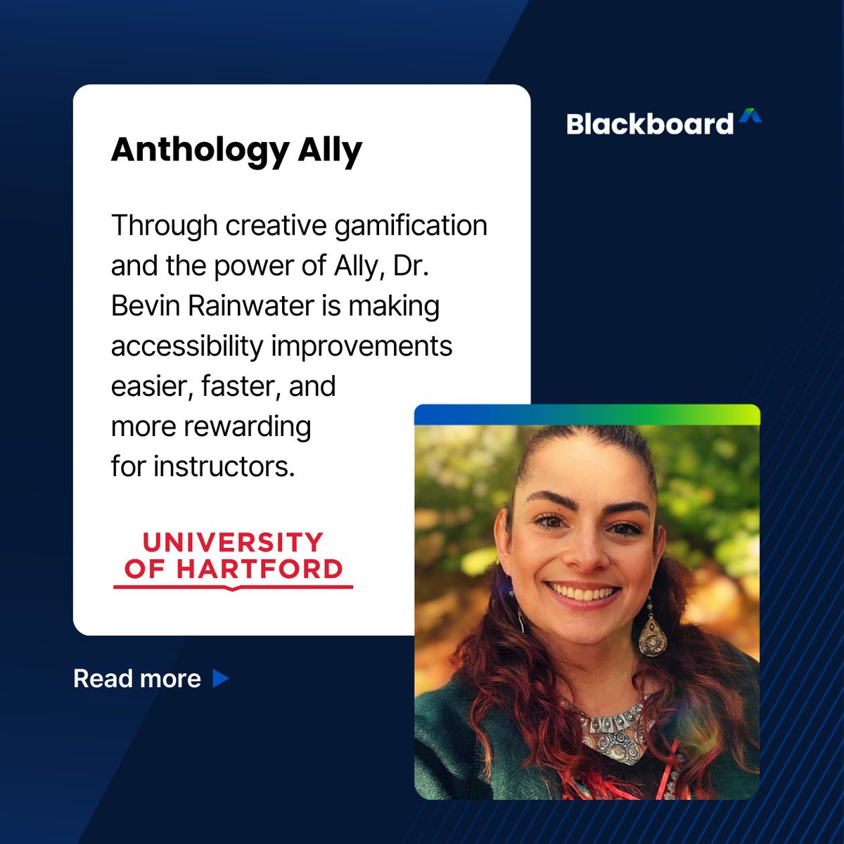 Blackboard's tweet image. Mission Accessible: Dr. Bevin Rainwater is turning impossible into inclusive. Read how her innovative approach at the @UofHartford brings accessibility to life through a gamified challenge for faculty: hubs.ly/Q03_58260

#Accessible #AccessibleLearning #EdTech #Ally