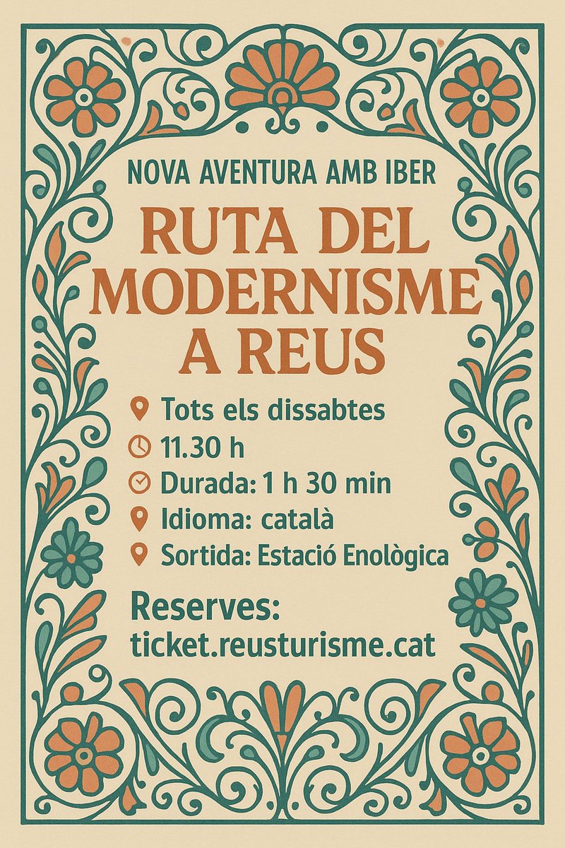iberapt's tweet image. 🌸 Cada dissabte ens trobareu a Reus, amb la #RutaDelModernisme 

Un recorregut per la ciutat per descobrir la seva història i el seu espectacular patrimoni modernista 🏛️🌱🌺

🎟️ Entrades a ticket.reusturisme.cat 

#reus #iber #patrimonicultural #modernisme