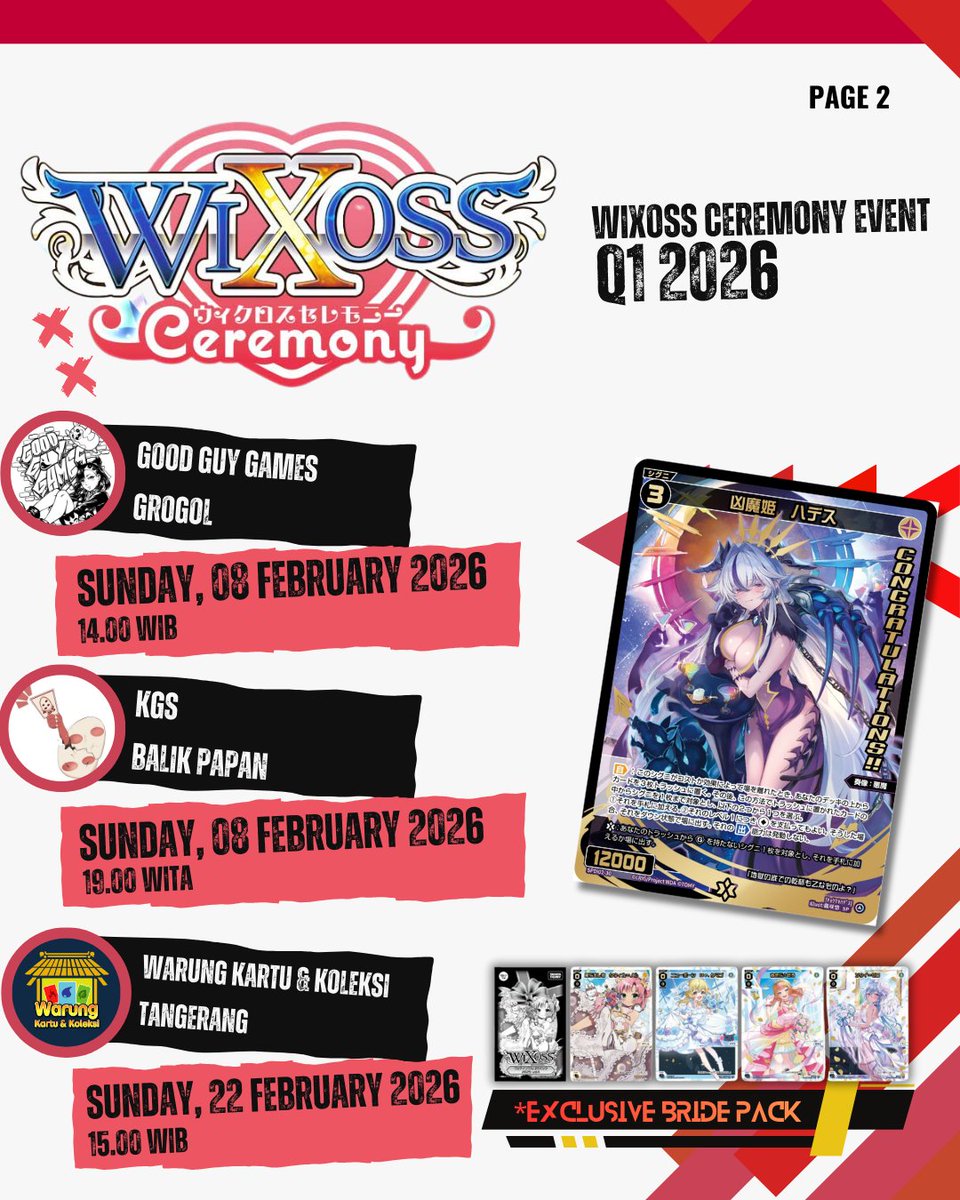 Hobbystati25359's tweet photo. 📣 WIXOSS CEREMONY Q1 2026 🌟
Selectors, get your decks ready! 🔥 Join the WIXOSS Ceremony in Indonesia this Jan–Feb. Claim exclusive PRs &amp; Bride Packs! 🎴✨
#WixossID #WixossCeremony #TCG #Indonesia #Lrig https://t.co/XEVX2ysTuZ