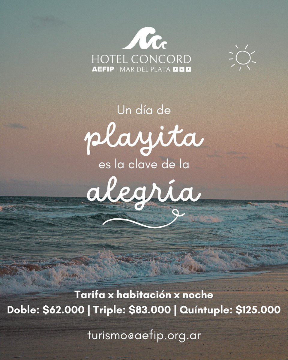 🌊 Si pensas pasar unos días en la playa para recargar energía y comenzar el año alojate en nuestro Hotel Concord de Mar del Plata.

📩 Reserva tu lugar en turismo@aefip.org.ar