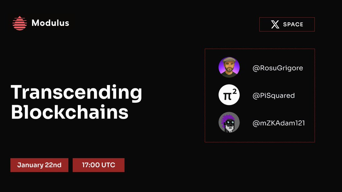 ModulusZK's tweet image. We're kicking off 2026 with our first X space, hosting the team from @PiSquared to discuss whether it's time to transcend blockchains.

Join us on Thursday, 22nd of January at 17:00 UTC to learn more.

Set your reminder: x.com/i/spaces/1lPKq…
