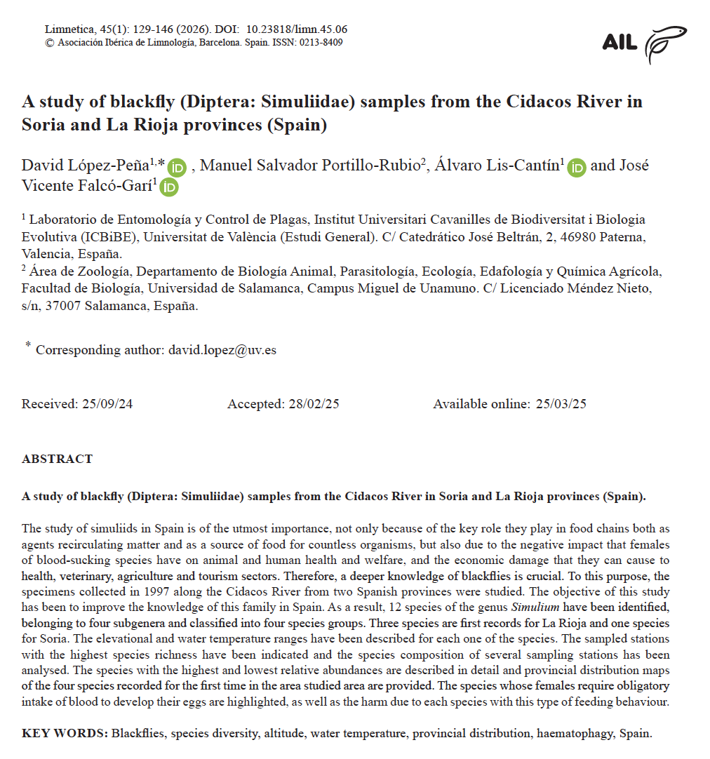 DavidLPSimuliid's tweet photo. 🗣️The official publication of the article entitled ‘A study of #blackfly (Diptera: #Simuliidae) samples from the Cidacos River in Soria and La Rioja provinces (#Spain)’ is now available [Volume 45(1):129-146. DOI:10.23818/limn.45.06]📰. Discover more here: https://t.co/suAwItz9Yy https://t.co/scTDasO0SC