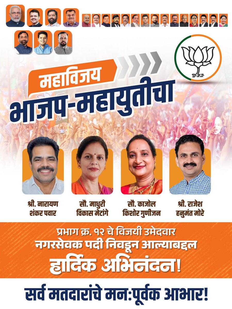 BJPforThane's tweet photo. विजय भाजप - महायुतीचा !
प्रभाग क्रमांक 12 मधील मतदारांनी भाजप-महायुतीवर पुन्हा एकदा विश्वास दाखवला, त्याबद्दल समस्त मतदारांचे मनापासून आभार!
#thane #tmcelection #bjpmahayuti #victory #bjpthane https://t.co/YZN4XjplFm