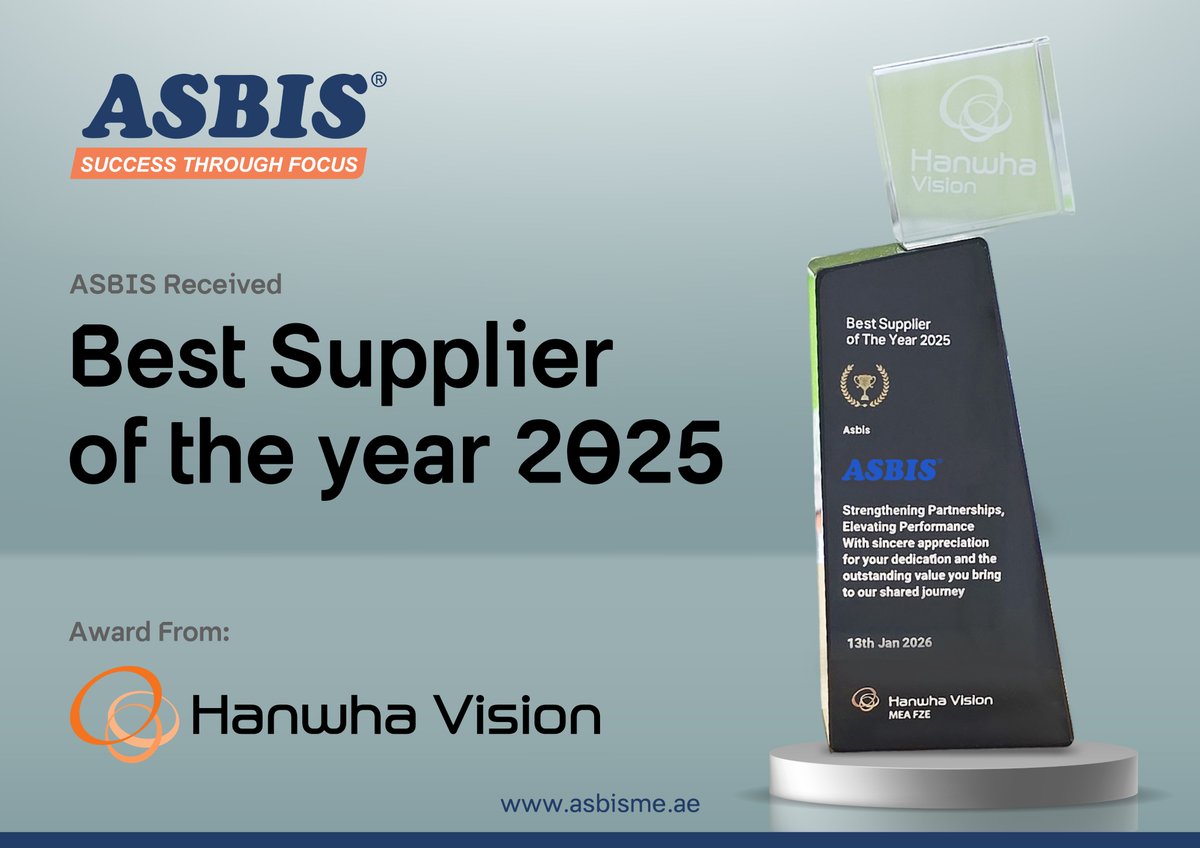 Proud moment for ASBIS 🙌
Honored to receive Best Supplier of the Year 2025 from Hanwha Vision.
Thank you for the trust and strong partnership. Onward and upward 🚀
#ASBIS #HanwhaVision #BestSupplier #Partnership #TeamSuccess #MEA