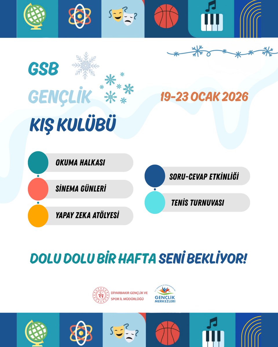 ❄️GSB Gençlik Kış Kulübü başlıyor!

2026 yarıyıl tatilinde; sosyal, kültürel, sportif ve sanatsal etkinliklerle dolu, dopdolu ve keyifli bir program seni bekliyor.Sen de katıl,tatilin keyfini çıkar.☃️

📍 Detaylı bilgi ve başvuru için Gençlik Merkezimize bekliyoruz.

#surgm