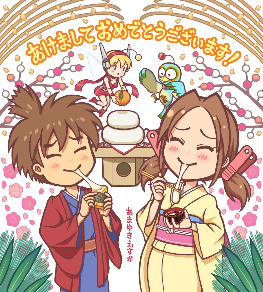 esukahonpo's tweet photo. 謹賀新年2026　//　昨年はご反応下さった皆様、誠に有難う御座いました！　2026年は私の大好きなワンダープロジェクトJ2が発売30周年を迎える年となる為、その記念にシリーズの主役が集合した年賀絵にしようと昨年11月から制作を始めた結果、予想以上に時間が掛かってしまい1月も折り返したタイミングでの年賀絵完成となってしまいました！　皆様の2026年が良い1年になりますように！