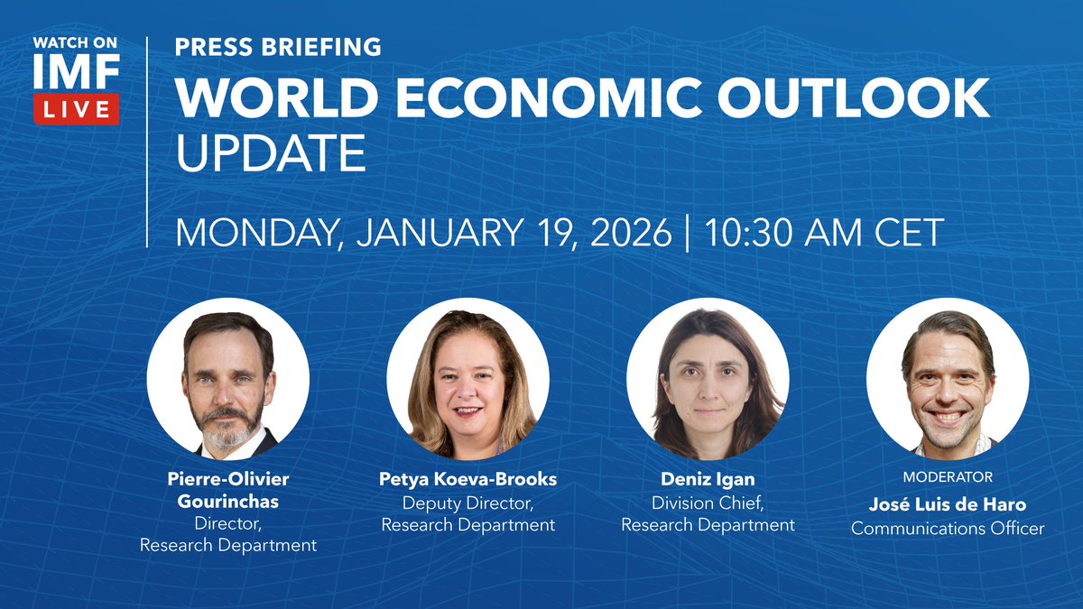 📢 Mark your calendars! The January 2026 WEO Update launches Monday, Jan 19 at 4:30 AM ET  (10:30 AM CET). Join the live press briefing with <a href="/pogourinchas/">Pierre-Olivier Gourinchas</a>, Petya Koeva Brooks &amp; Deniz Igan for expert insights. 

imf.org/en/live?_slide…