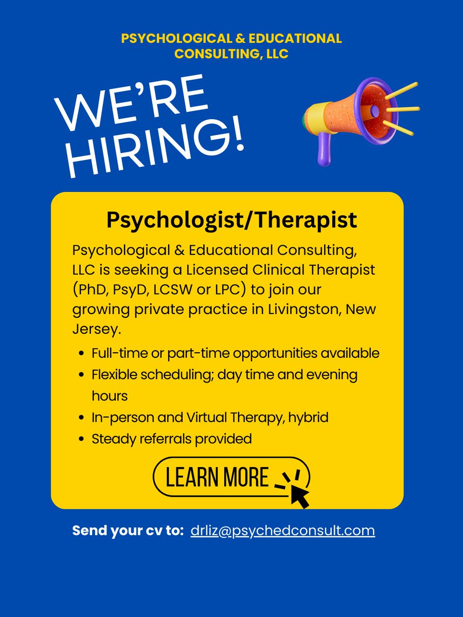 PEC is Hiring: Psychologist/Therapist
PEC is seeking a Licensed Therapist to join our growing practice in Livingston, NJ.
For more information:
psychedconsult.com/pec-is-hiring-…
973.400.8371
drliz@psychedconsult.com
psychedconsult.com
