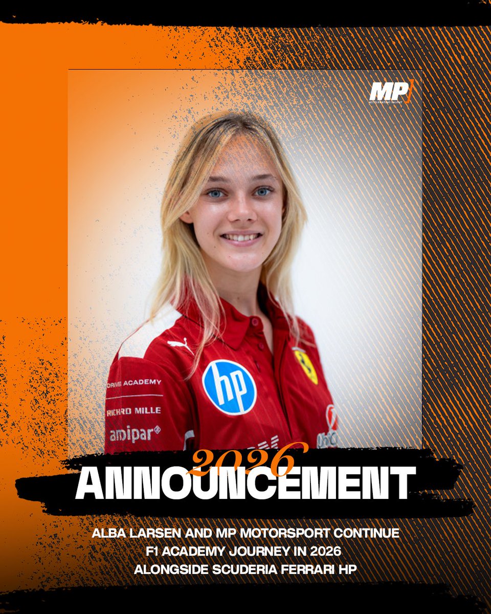OfficialMPteam's tweet image. Ferrari red, MP orange 🏎️🧡

Alba Larsen stays with MP Motorsport for F1 Academy 2026.

After a standout rookie season and a strong finish in Vegas, she’s back for round two. ✌️

#F1Academy #MPMotorsport #AcceleratingTalent