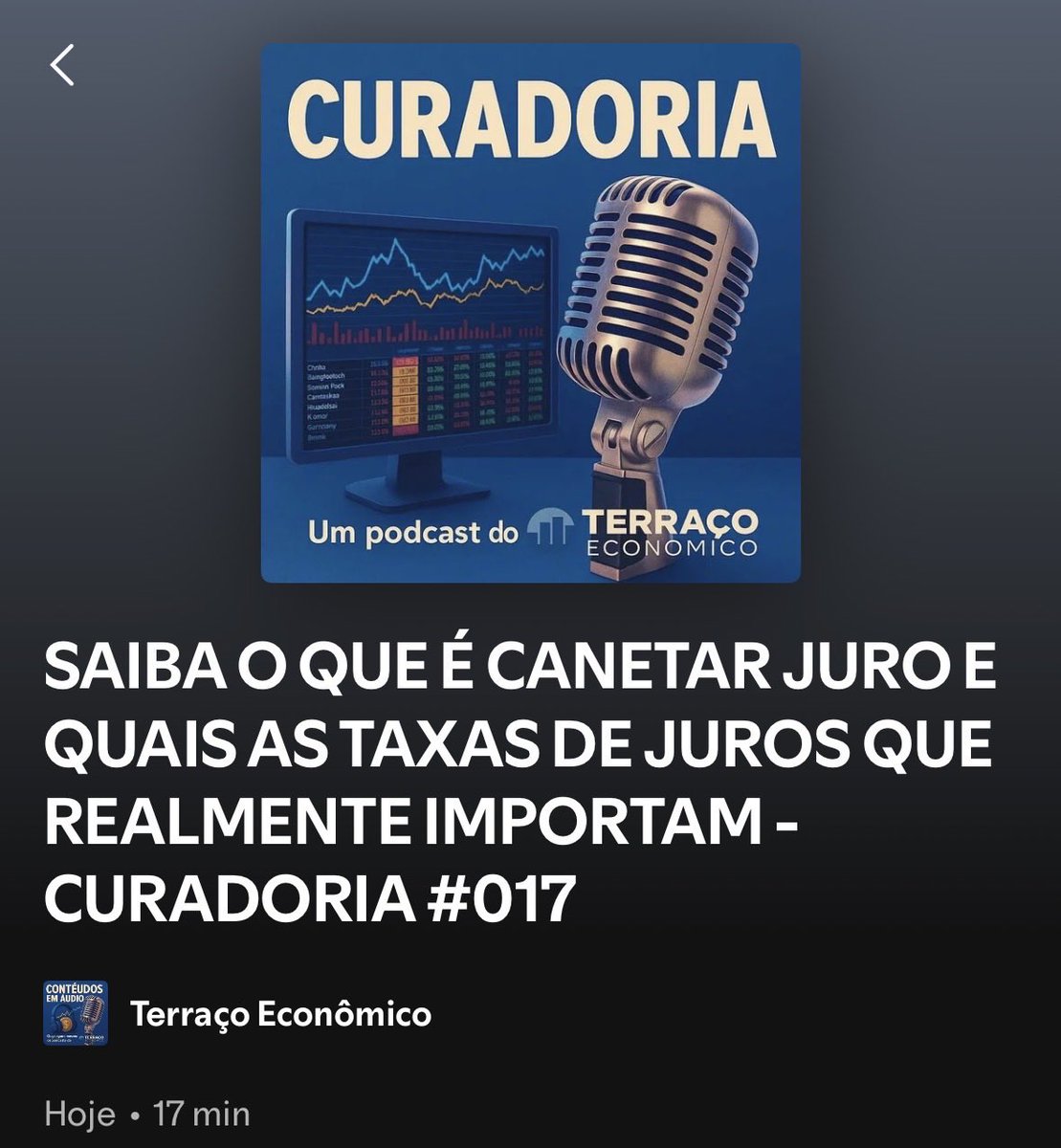 De vez em quando falam por aí em “canetar os juros”. Mas você sabe o que significa isso?

Assista no YouTube: youtu.be/zqamE3Ka4gc?si…

Ouça no Spotify: open.spotify.com/episode/764DaN…