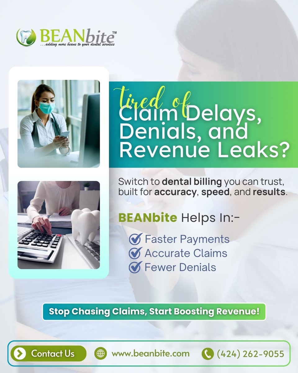 BEANbite's tweet image. Tired of claim delays, denials &amp;amp; revenue leaks? Switch to BEANbite for dental billing you can trust! ✅ Faster Payments ✅ Accurate Claims ✅ Fewer Denials. Stop chasing claims &amp;amp; start boosting your revenue today! 🌐 beanbite.com | 📞 (424) 262-9055
#dentalbilling