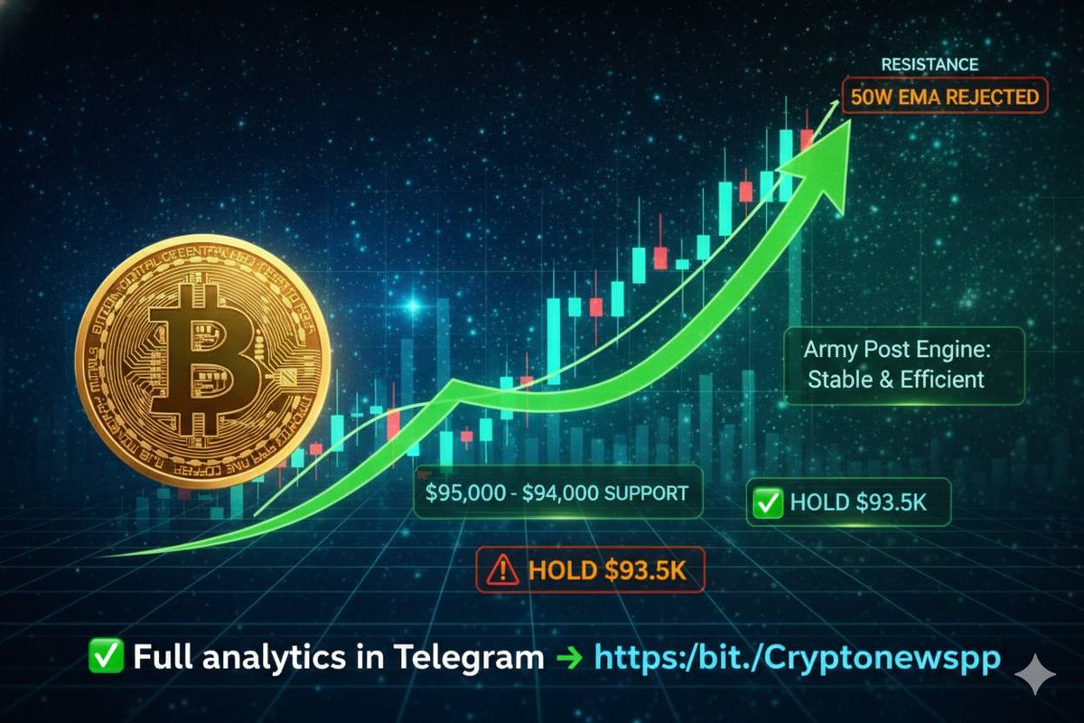 📉 $BTC got rejected at the 50W EMA, but price is still holding above $95K.  As long as Bitcoin stays above the $93.5K–$94K support zone, the path  favors continuation to the upside.