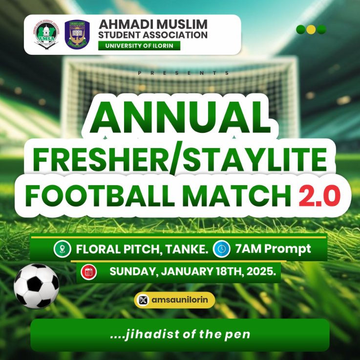 AmsaUnilorin's tweet photo. It's here again!!!
AMSA Unilorin Freshers/Staylite 2.0 Football Match happening on Sunday, Jan. 18th at Floral Pitch.
BE THERE!!!
#AmsaUnilorin https://t.co/O42AM2lUIQ