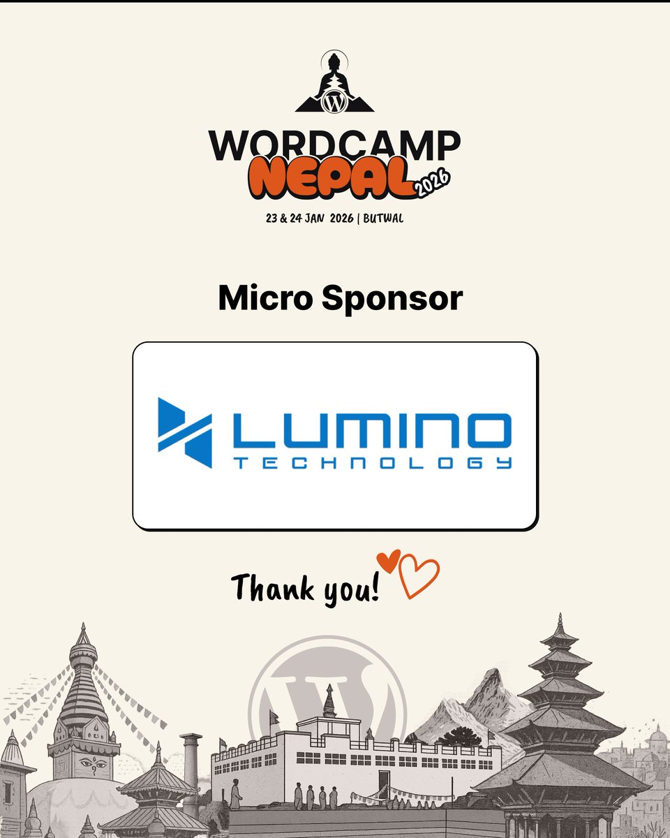 WordCampNP's tweet photo. ๐ ๐๐ก๐๐ง๐ค ๐๐จ๐ฎ, ๐๐ฎ๐ฆ๐ข๐ง๐จ ๐๐๐๐ก๐ง๐จ๐ฅ๐จ๐ ๐ฒ! ๐๐ฎ๐ซ ๐๐ข๐๐ซ๐จ ๐๐ฉ๐จ๐ง๐ฌ๐จ๐ซ ๐๐จ๐ซ ๐๐จ๐ซ๐๐๐๐ฆ๐ฉ ๐๐๐ฉ๐๐ฅ ๐๐๐๐
๐ Read more โ https://t.co/NIneNQ9irF
#WCNP #WordCampNepal2026 #WordPress #MicroSponsor #LuminoTechnology https://t.co/mD7FjFcf1V