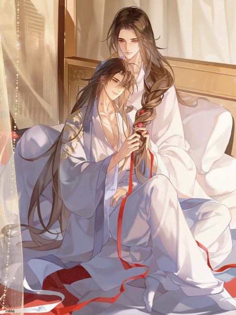 never knew i needed lan wangji's hair braided with wei wuxian's red ribbon so much 😭❤️