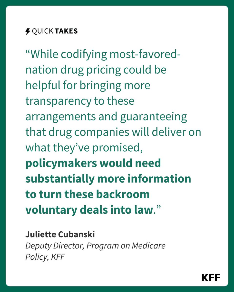 KFF's tweet image. ⚡ KFF’s Juliette Cubanski explains that key details are missing from President Trump’s proposal to codify the most-favored-nation deals as part of his new “Great Healthcare Plan.” #QuickTake on.kff.org/4bx07hW