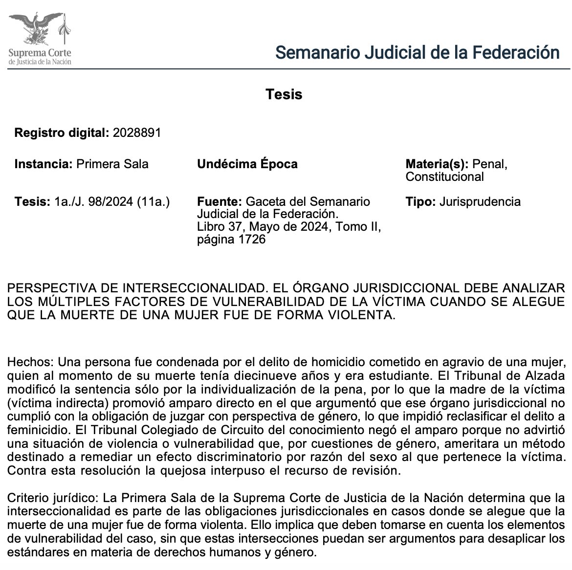 ⚖️ Justicia con perspectiva interseccional en muertes violentas de mujeres

Cuando se alega que la muerte de una mujer ocurrió de forma violenta, los órganos jurisdiccionales tienen una obligación reforzada: analizar el caso considerando todos los factores de vulnerabilidad que