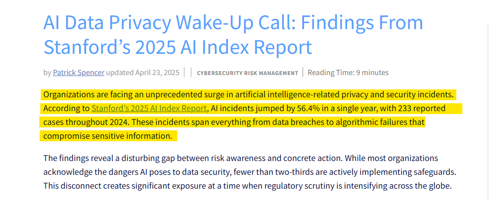 karlmehta's tweet photo. First, the scale: AI incidents surged 56.4% year-over-year.

We're not talking minor glitches.

We're talking catastrophic breaches, algorithmic bias lawsuits, and billion-dollar disasters. https://t.co/qZ4gSP4gi8