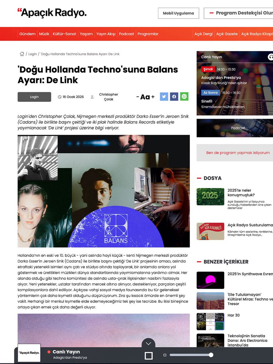 Bu hafta Nijmegen’den @tripeotechno ve BALANS Records Presents De Link’i yazdım. apacikradyo.com.tr/login/dogu-hol…