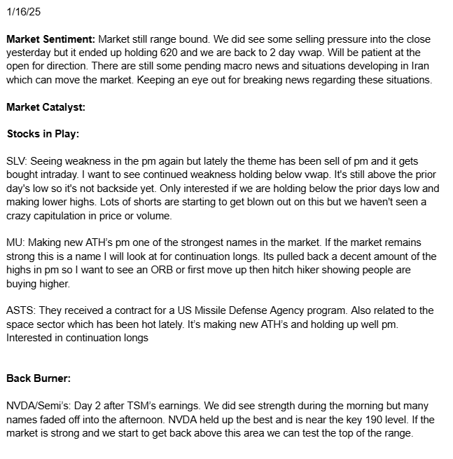 0DTE_Tony's tweet photo. 1/16 Morning Gameplan

$SLV shorts starting to get blown out but haven't seen a crazy capitulation in volume or price yet. Will be patient for it to actually be on the backside. 

$QQQ $SPY $NVDA $MU $ASTS $TSM $INTC $AMD $TSLA $SNDK https://t.co/Q2ayZljymI