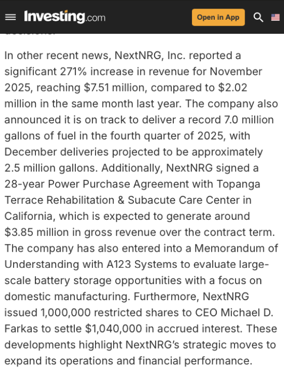 opsjt11732684's tweet image. NextNRG Inc. (NXXT) Is Entering the Kind of Growth Curve That Forces Rerates
NextNRG Inc. (NXXT) is showing the exact pattern you see right before a company breaks into a new revenue class:
+253% YoY in December, +271% YoY in November, and 2.53M gallons moved - a massive +308%…