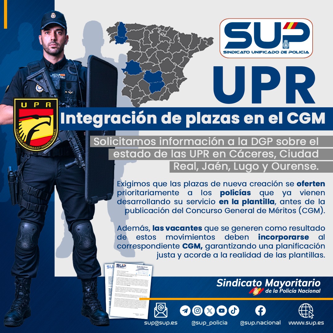 Desde el <a href="/Sup_Policia/">SUP</a> exigimos a la DGP información sobre la integración de plazas #UPR en el CGM en Cáceres, Ciudad Real, Jaén, Lugo y Ourense.
Las nuevas plazas deben ofertarse primero a quienes ya prestan servicio en plantilla y las vacantes generadas incorporarse al CGM.