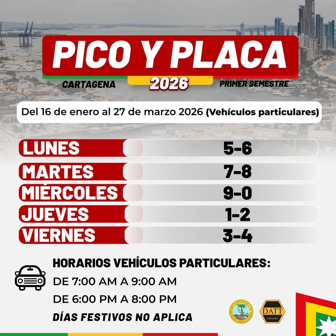 Buenos días. Recurden que
Regresa el #PicoyPlaca a su horario habitual en todo el Distrito de Cartagena de Indias.