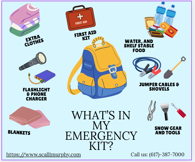 ScalliMurphyLaw's tweet photo. What is an emergency kit? What do you typically include? Here are some ideas for what items may come in handy if your car gets stuck in the snow or something goes wrong. Throw this kit into your trunk or backseat, just in case! https://t.co/y3wYFz6LXW