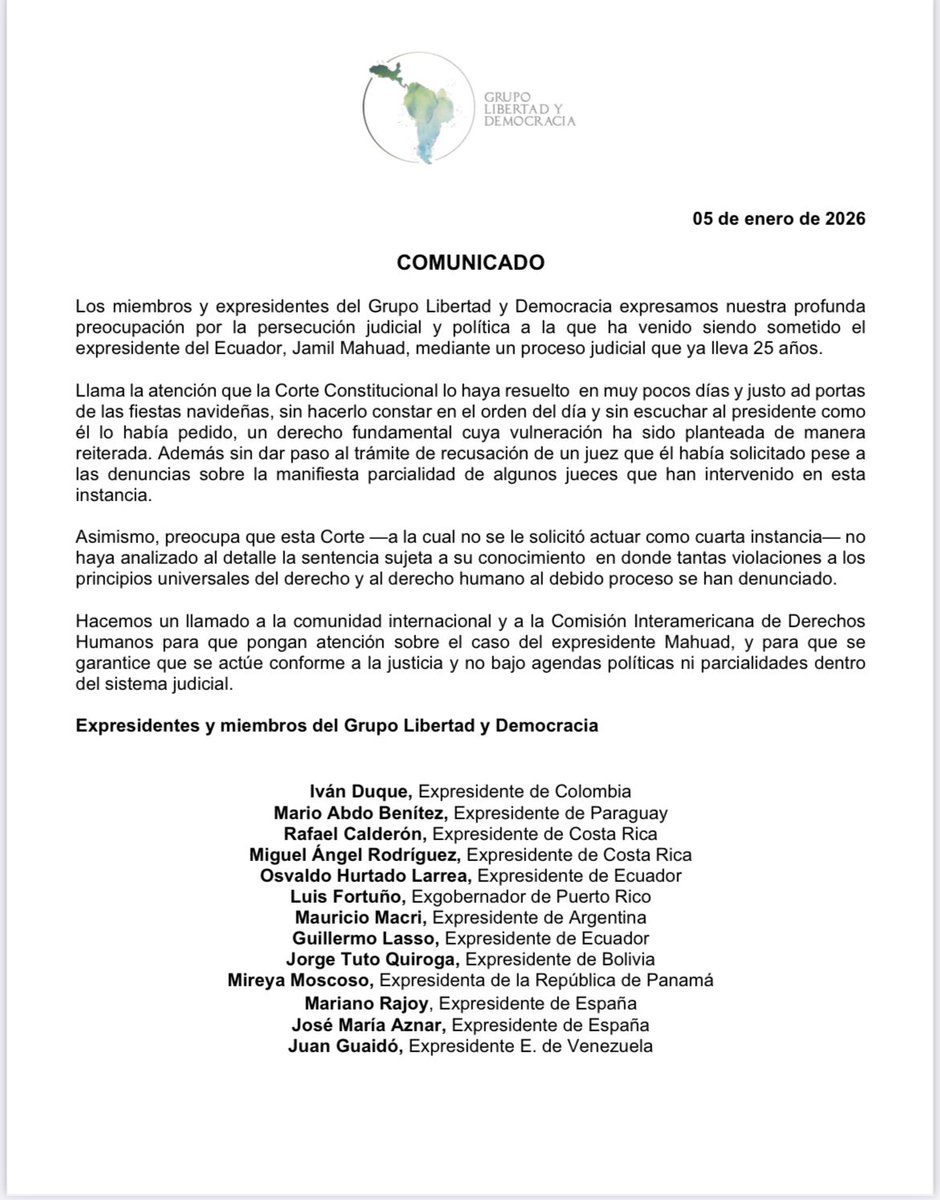 Desde el Grupo Libertad y Democracia expresamos preocupación por la persecución judicial contra el expresidente del Ecuador Jamil Mahuad y las graves vulneraciones al debido proceso. Llamamos a la CIDH y a la comunidad internacional a velar por la justicia y el Estado de derecho.