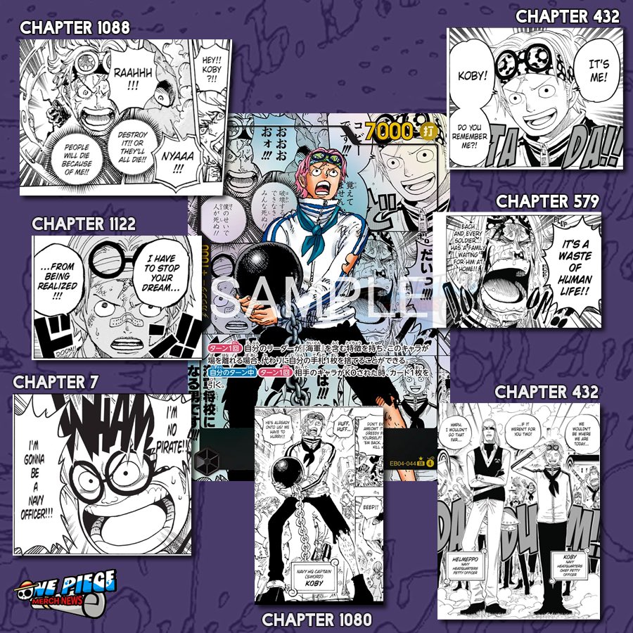 Koby is the Manga Rare for EB04.

• Chapter 7 - bottom left
• Chapter 432 - top right, bottom right
• Chapter 579 - middle right
• Chapter 1080 - main
• Chapter 1088 - top left
• Chapter 1122 - middle left

#OnePiece 
#OnePieceCardGame