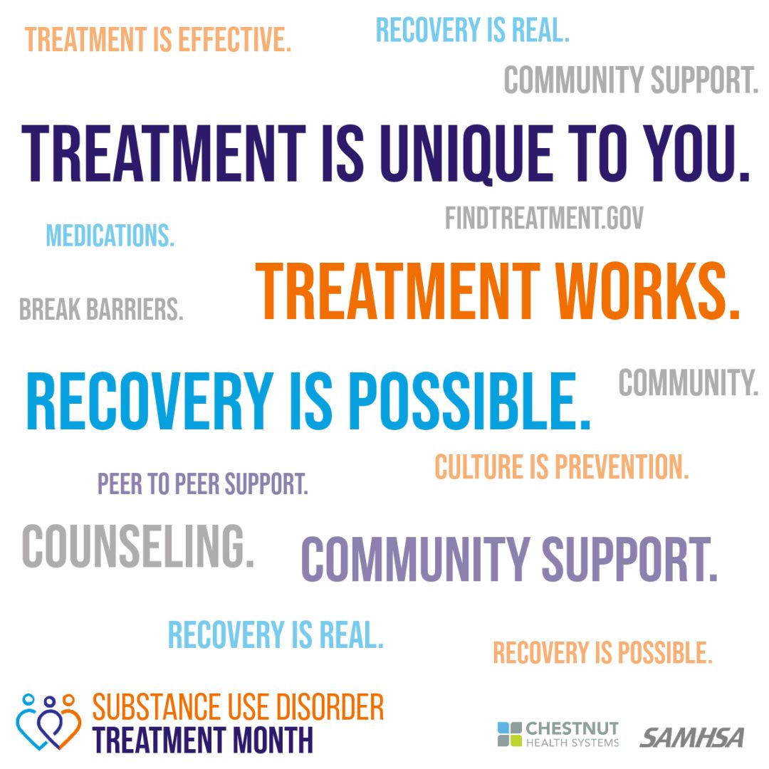 ChestnutHealth's tweet image. Different treatment options exist for substance use disorders – there is no one-size-fits-all solution. Find treatment that works for you: findtreatment.gov

For services with Chestnut, please call 888.924.3786. #TreatmentMonth #RecoveryIsPossible #YouAreNotAlone