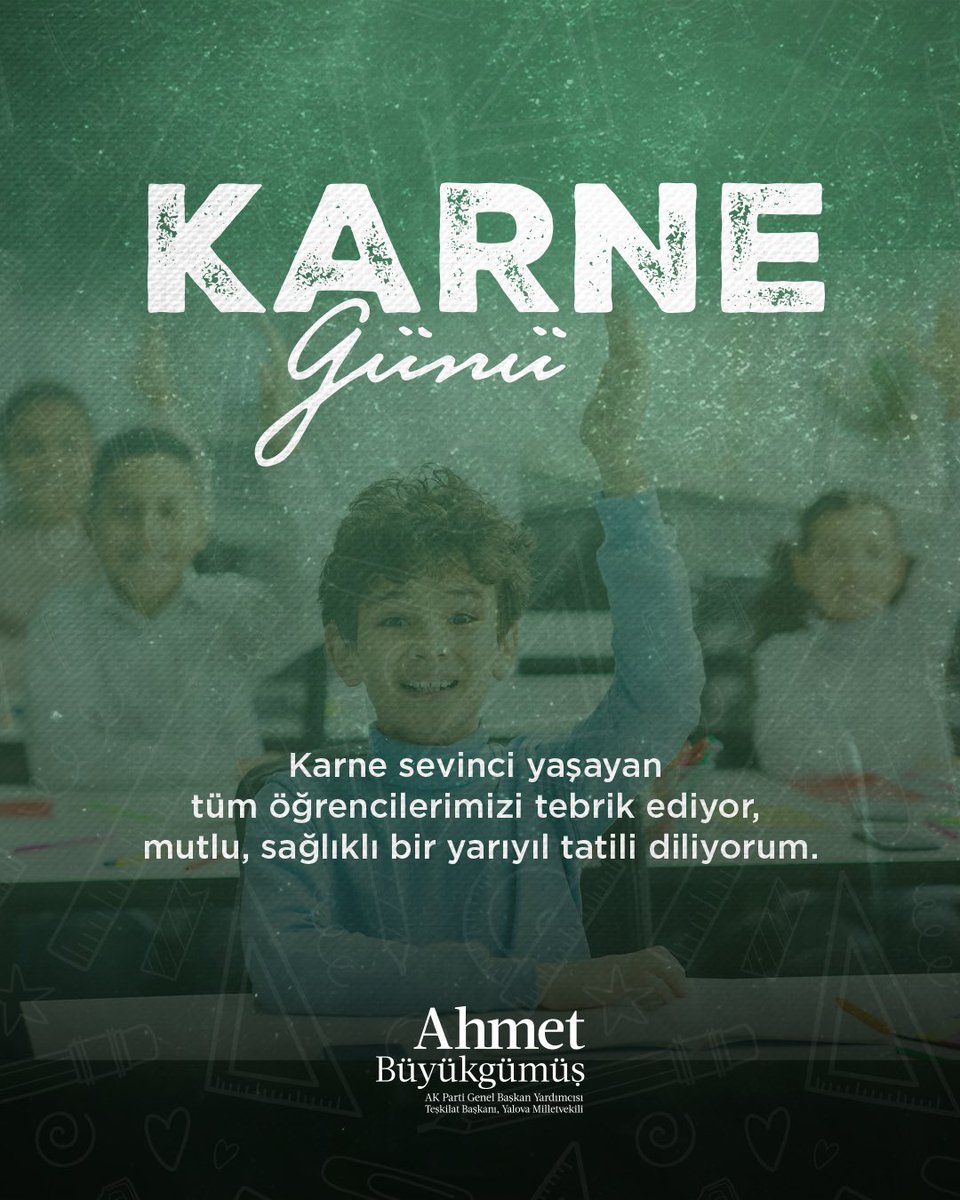 Karne sevinci yaşayan tüm öğrencilerimizi tebrik ediyor, mutlu, sağlıklı bir yarıyıl tatili diliyorum.

Bu süreçte büyük emek veren kıymetli öğretmenlerimize ve evlatlarımızın her daim yanında olan değerli velilerimize teşekkür ediyorum.

Tatilde kitap okumayı ihmal etmeyin