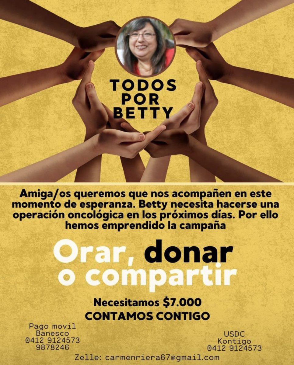 #ServicioPúblico Betty Riera, hermana de nuestra colega y compañera  <a href="/carmenchu33/">Carmen Riera</a>, necesita de nuestro apoyo para una intervención oncológica que debe realizarse.

 Si puedes donar o compartir, en nombre de Betty te damos las gracias. 

#TodosPorBetty